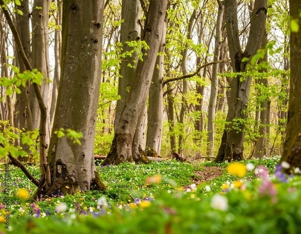 Fototapeta Spring forest floor bursting with wildflowers