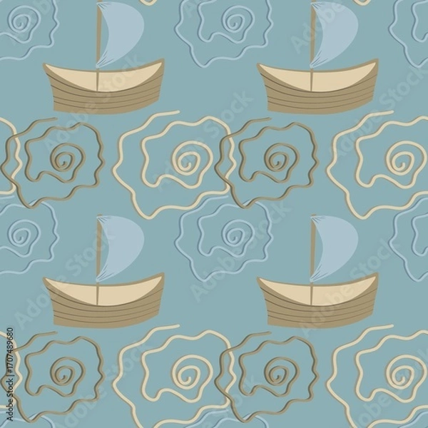 Fototapeta Seamless Nautical Pattern with Sailboats and Waves. Print for Textile and Wallpaper
