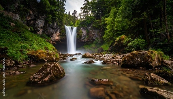 Fototapeta Waterfall cascading down rocky cliffs into a serene pool surrounded by lush forest