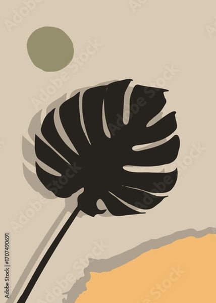 Fototapeta Monstera leaf silhouette on soft pastel background. Botanical tropical artwork for wallpaper, print, or poster. Perfect for peaceful decor, modern branding, minimal cards, and packaging design.