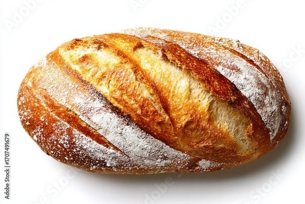 Fototapeta Artisan Bread Loaf with Flour Dusting on White baked