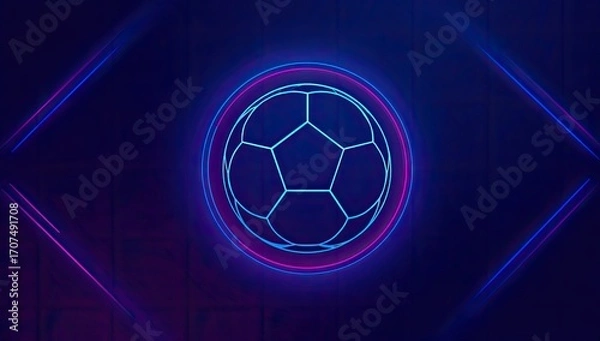 Obraz Futuristic Neon Soccer Ball Against a Dark Blue and Purple Geometric Background