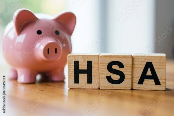 Fototapeta Image: Health Savings Accounts (HSA) Concept with Wooden Blocks and Piggybank