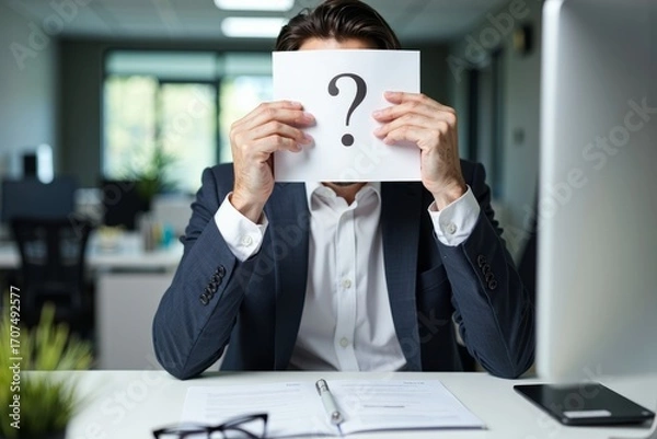 Fototapeta Confused businessman at office desk with paper in hand, computer, and glasses portraying uncertainty and quest for answers