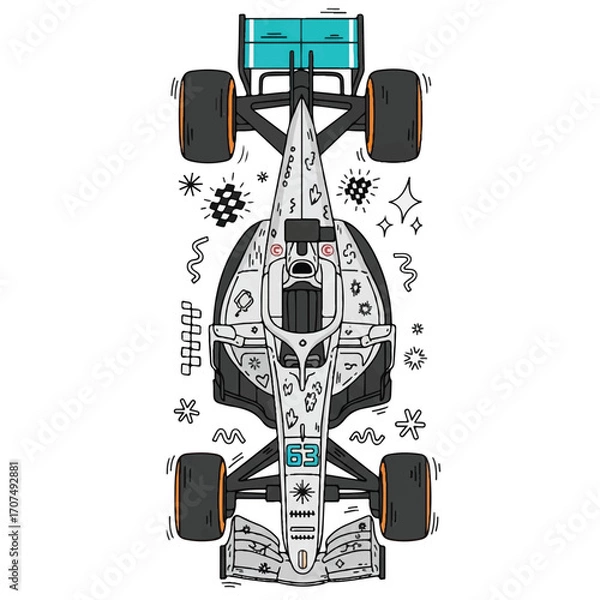 Fototapeta A stylized illustration of a Formula 1 race car, featuring a graphic design aesthetic with various doodles and patterns.