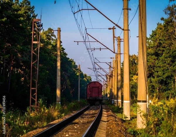 Fototapeta Railroad train through a forest at dawn