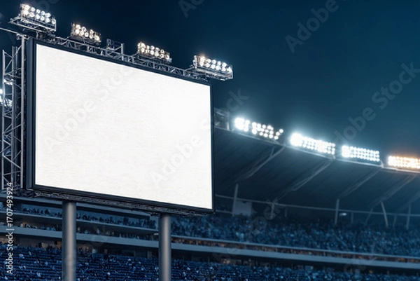 Fototapeta Blank LED stadium screen at night with lights and crowd