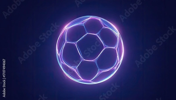 Obraz Glowing Purple and Blue Soccer Ball Wireframe on Dark Blue Background, Abstract Geometric Shape, Futuristic Style, Neon Light Effect, Graphic Design Element