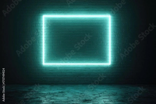 Obraz Glowing Neon Square Frame on Dark Brick Wall and Shiny Floor with Reflected Light Abstract Architecture Design