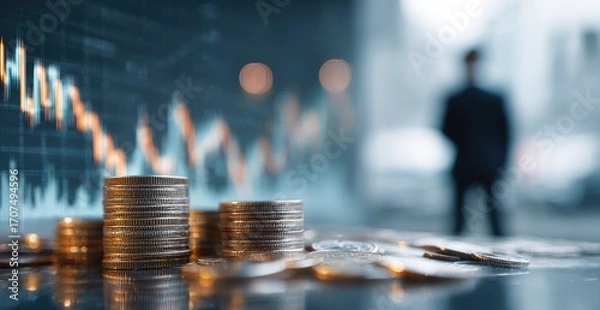 Obraz Gold Coins Stacked Against Financial Chart Background