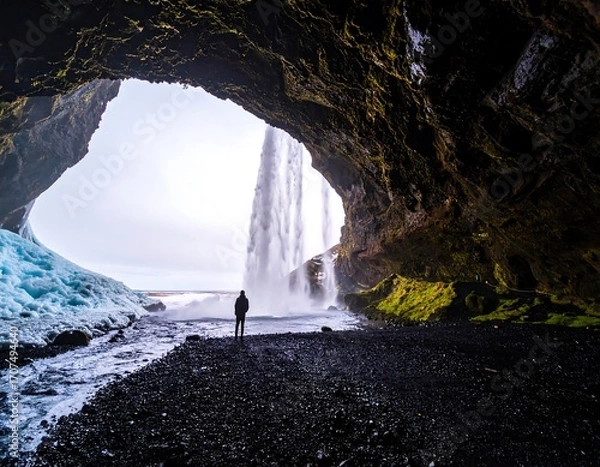 Fototapeta Waterfall cascading into a cave opening on a black sand beach