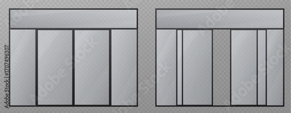 Obraz Glass entrance doors with black metal frames and transparent panels - modern storefront design for commercial buildings. Contemporary architecture elements. Professional business access systems