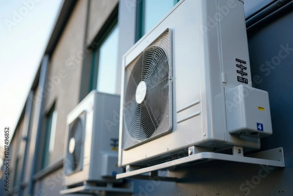 Fototapeta Capturing the Sleek Design and Energy-Efficient Features of a Mini Split Heat Pump Air Conditioner Unit with an Industrial Building as a Backdrop in a Close-Up Shot.