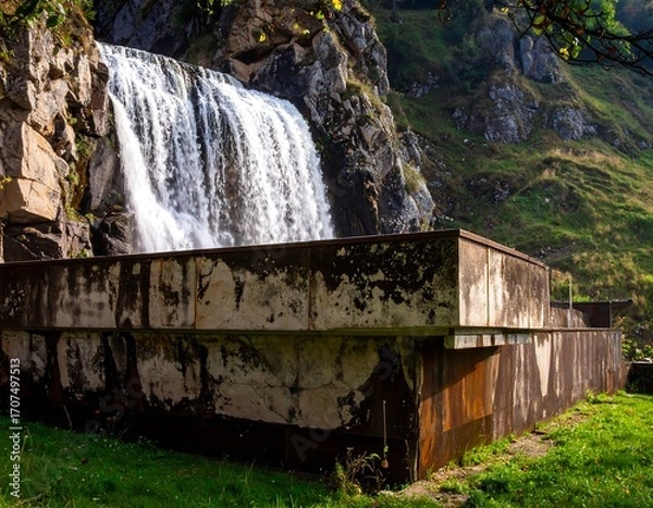 Fototapeta Waterfall cascading into a concrete basin