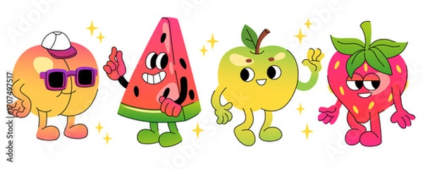 Obraz Groovy cartoon fruit persons with retro style - peach with cap and sunglasses, watermelon slice, green apple waving hand, cute strawberry with leaf. Vibrant characters for fun children design.