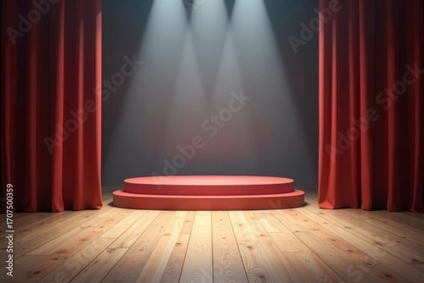 Fototapeta Simplistic photo showcasing an unoccupied game show talk show set accentuated by stage lighting and ambiance.