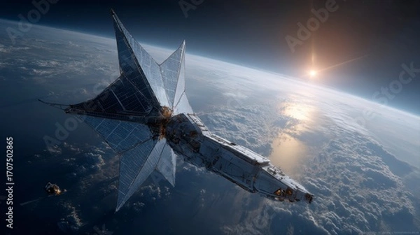Obraz Solar Sail Spacecraft Deploying Enormous Reflective Panels in Orbit