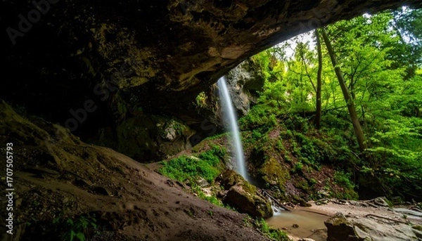 Fototapeta Waterfall cascading into a rocky grotto