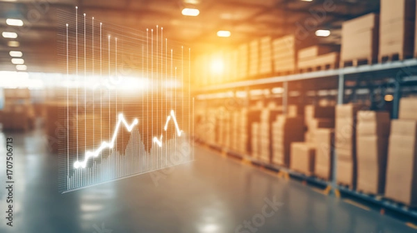 Obraz Warehouse interior with digital graph overlay showing data trends