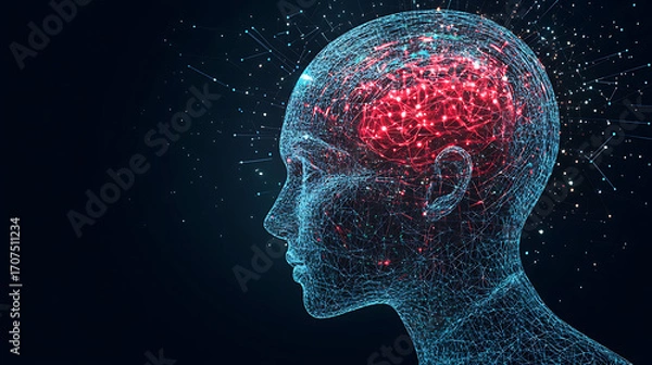 Obraz Digital human head with glowing brain network against dark background
