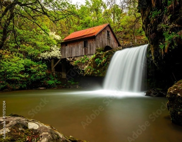 Fototapeta Waterfall cascading into a tranquil pool, with a rustic wooden building nestled beside it. Lush green foliage and trees surround the scene