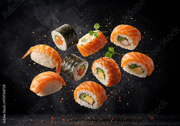 Fototapeta delicious sushi flying in the air .Generative AI