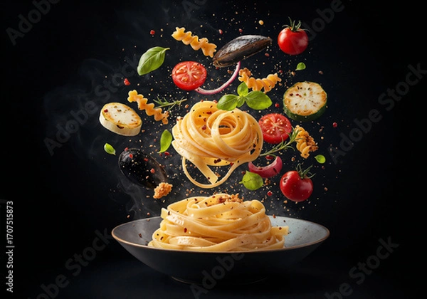 Fototapeta delicious pasta with tomatoes flying in the air .Generative AI