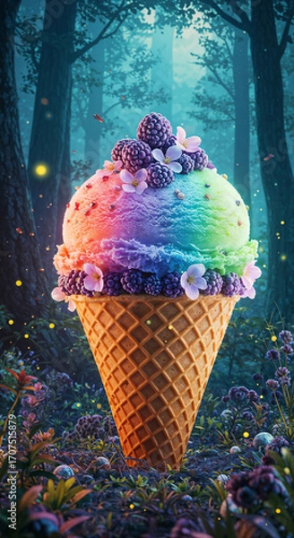 Fototapeta colorful ice cream on a forest background .Generative AI