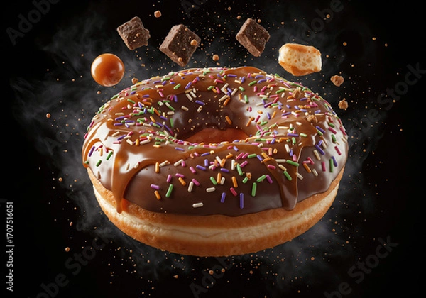 Fototapeta delicious donut and crumbs flying in the air .Generative AI