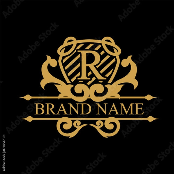 Fototapeta Elegant Golden Crest Logo with Letter R and Ornamental Shield