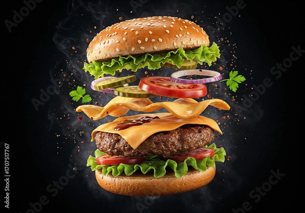 Fototapeta delicious burger broken into layers .Generative AI