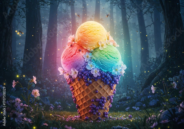 Fototapeta colorful ice cream on a forest background .Generative AI