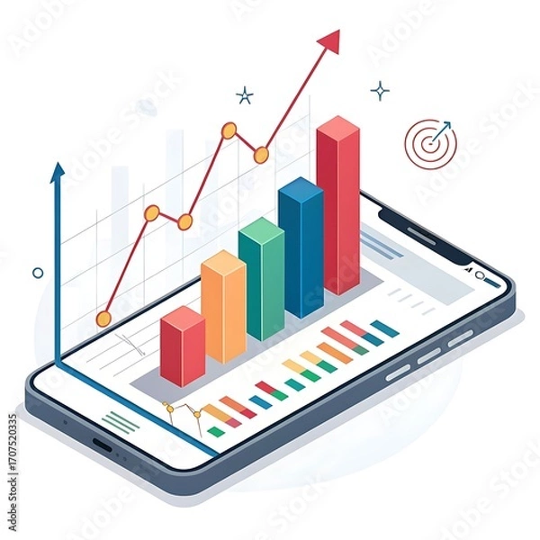 Fototapeta Mobile phone displaying financial growth charts and data analysis