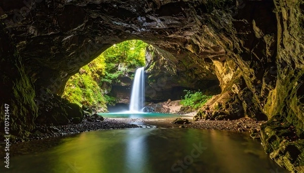 Fototapeta Waterfall cascading into a tranquil pool within a cave