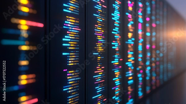 Obraz Digital code displayed on multiple vertical screens with colorful syntax highlighting in a dark environment