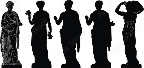 Obraz Classical Greco Roman statues silhouettes in artistic row, ancient sculpture figures with detailed and shadowed forms for historical art design