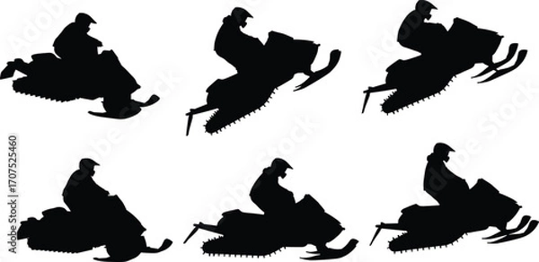 Obraz Black Silhouettes of Snowmobile Riders in Action Poses Performing Jumps, Turns, and Stunts on Winter Terrain for Extreme Sports Vector Illustration