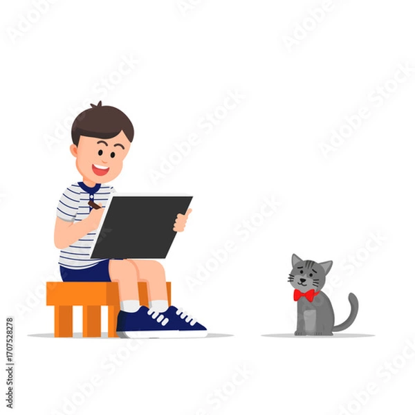 Fototapeta A boy sitting and drawing a cat with a bow tie