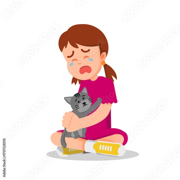 Fototapeta A little girl crying on the floor while hugging a comforting cat