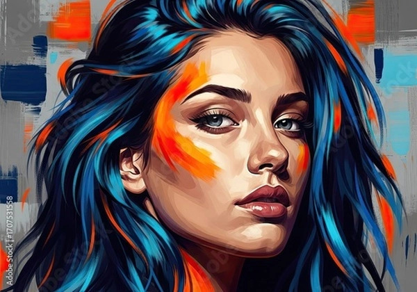 Fototapeta Photo of abstract oil painting of a beautiful woman with blue and orange hair, showcasing a unique and modern artistic style, perfect for contemporary art lovers