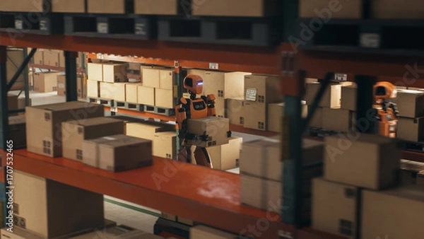 Fototapeta Humanoid Robot Transports a Parcel in a Spacious Distribution Hub with Modern Supply Chain Automation Solutions. Cinematic Follow Shot Through Shelves with Cardboard Boxes