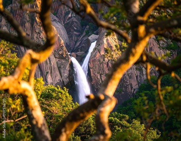 Fototapeta Waterfall framed by trees at golden hour
