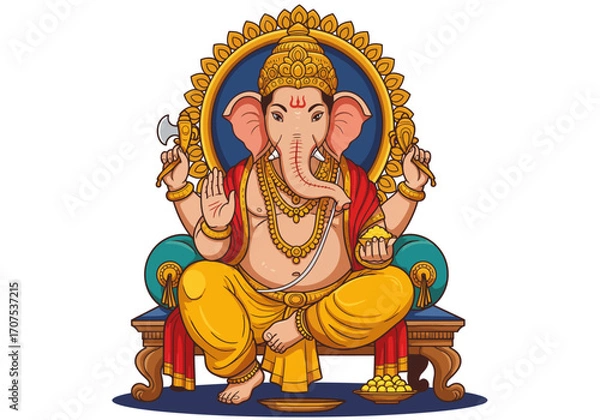 Fototapeta Ganesha sits crosslegged on a throne holding tools against a gold nimbus
