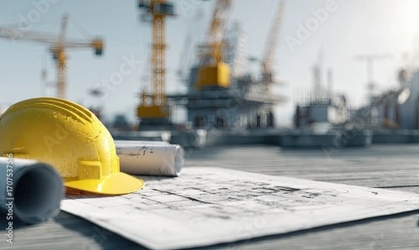 Obraz Yellow Hardhat on Blueprint at Sunny Construction Site with Cranes and Steel Structures in the Background