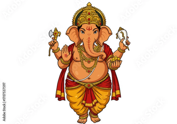 Fototapeta Image displays a deity Ganesh with an elephant head jewelry and a crown in a standing pose