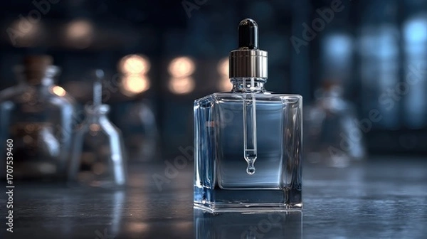 Fototapeta Elegant Glass Dropper Bottle with Clear Liquid in Soft Focus Background