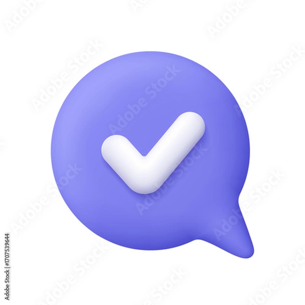 Fototapeta Purple speech bubble with a white check mark. Done, yes or correct sign. Approvement, confirmation, completed task, validation and quality assurance concept. 3d vector icon. Cartoon minimal style.