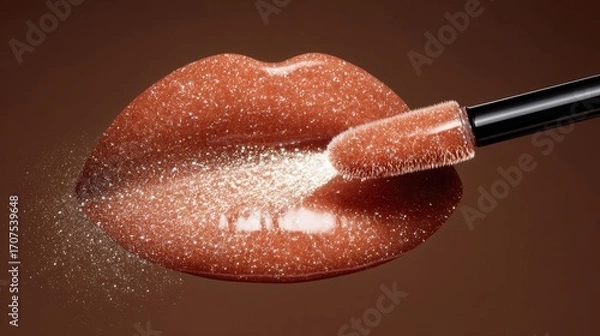 Fototapeta Glittery Lip Gloss in Charming Brown Tone with Applicator in Focus
