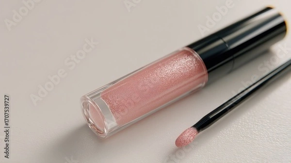 Fototapeta Glossy Pink Lip Gloss with Applicator on Light Background