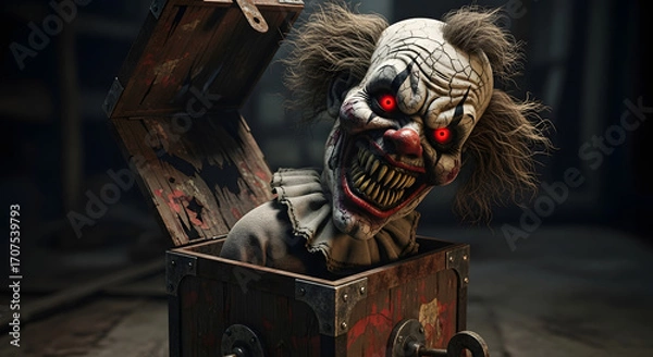 Obraz Scary Jack-in-the-box with glowing red eyes, a terrifying clown emerging from a vintage wooden box